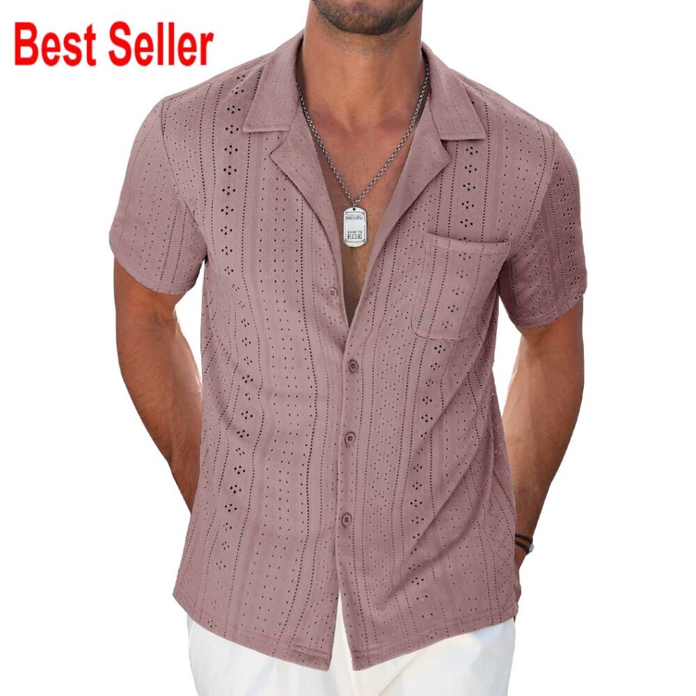 Men's Short Sleeve Button Down Shirt, Polyester Blend, Casual Vacation Style